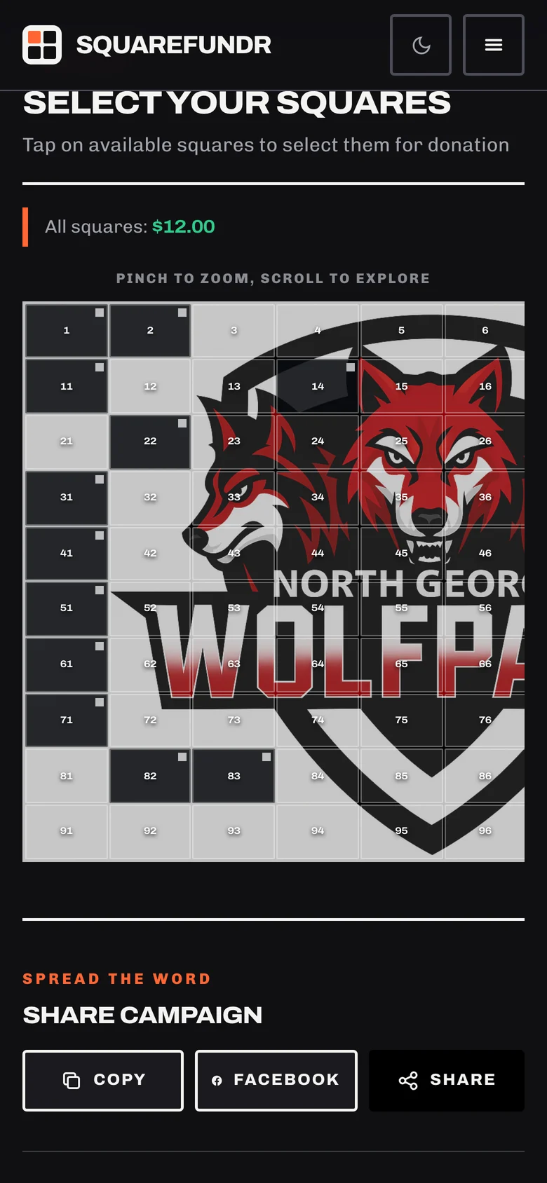 A SquareFundr board in the iPhone app: numbered squares laid over the North Georgia Wolfpack crest, the sold ones dark and the rest still open at $12 each.